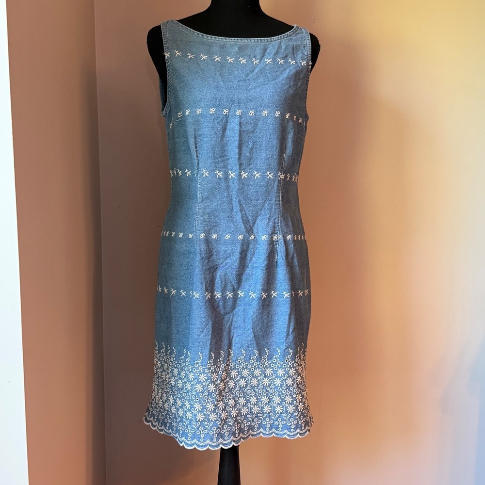 Vintage Express‎ Denim Embroidered Dress Womens 9/10 Blue Sleeveless Y2K Cottage